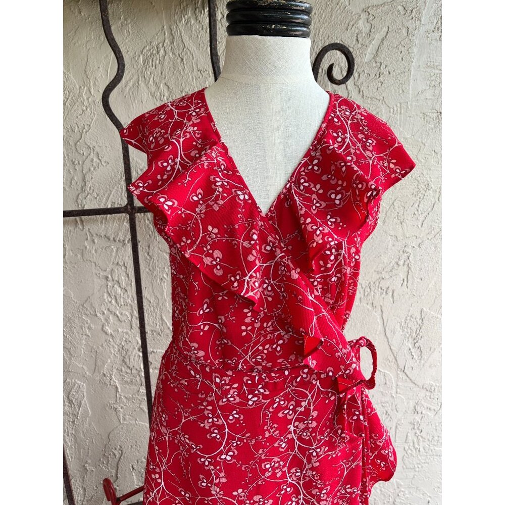 Max Studio Bubble Cream Wrap Dress Size Large Ruffle Sleeveless Red 93615 - Picture 3 of 7